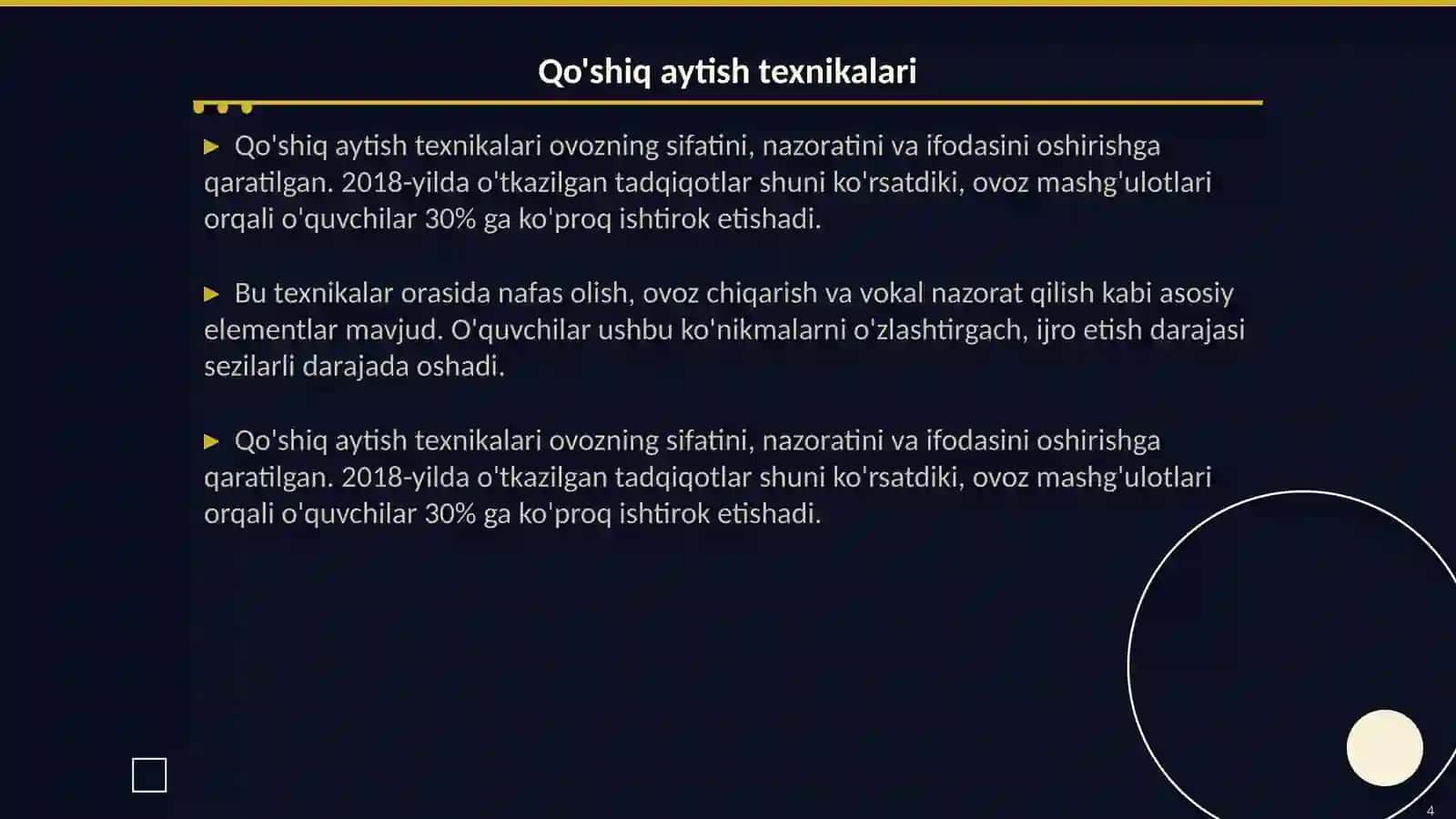Raqs xarakatlariga, qo'shiq aytishga, musiqa tinglashga, musiqa asboblarida ijrochilikka o'rgatish usullari va yo'llari 4