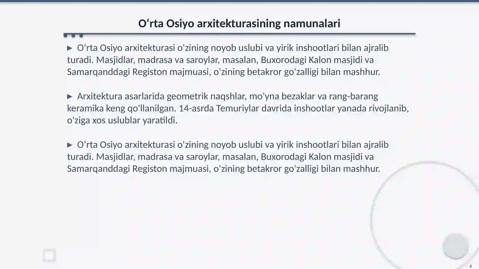 Oʻrta Osiyo sulolalar davridagi madaniy meros 4