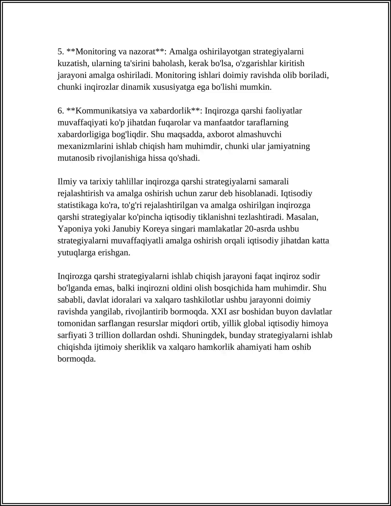 MUSTAQIL ISH Mavzu: MAHALLIY MENEJMENTNING INQIROZGA QARSHI STRATEGIYALARI 4
