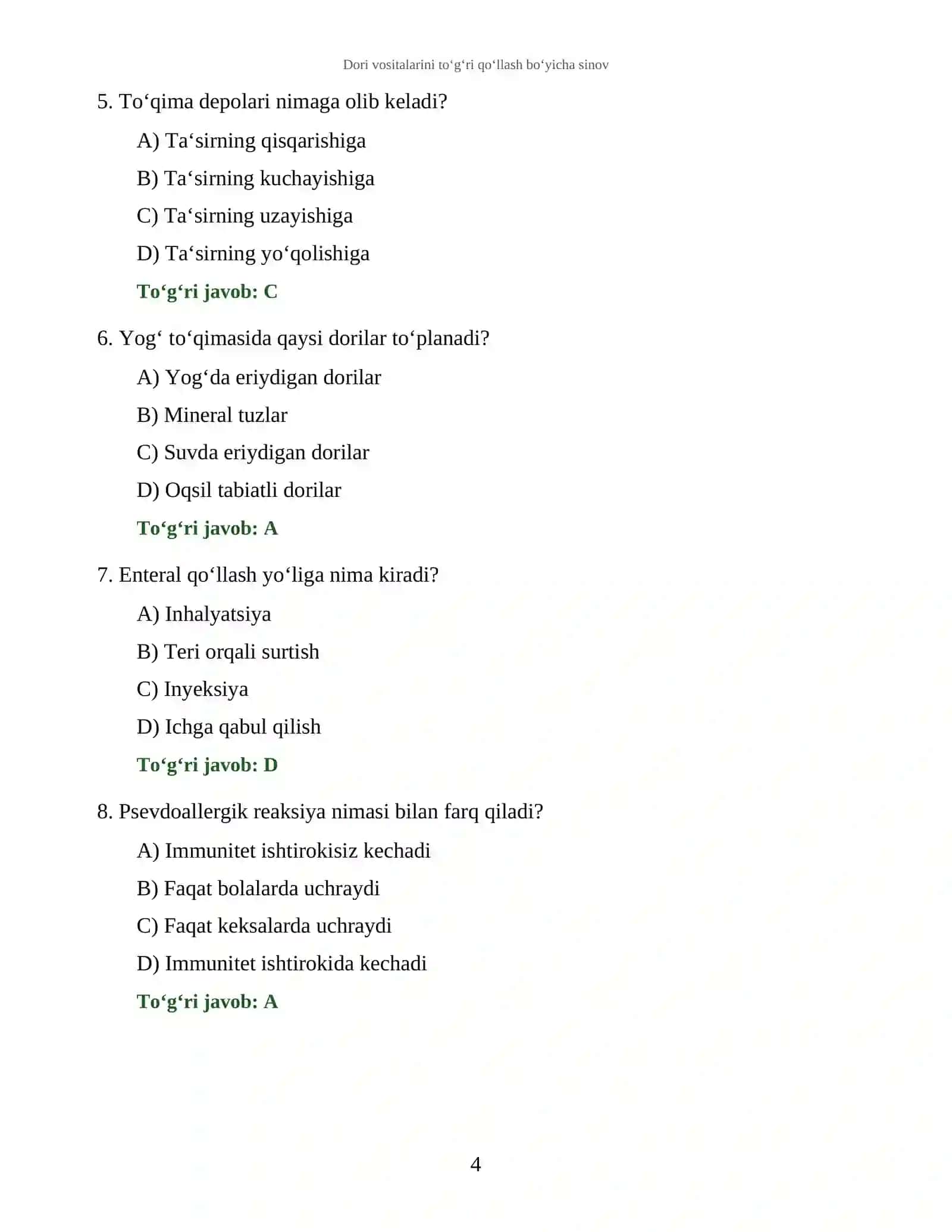 Farmakologiya va Dori Vositalari Testlari 4