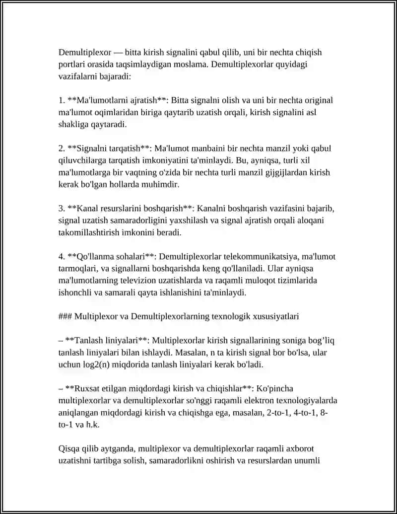 MULTIPLEKSOR VA DEMULTIPLEKSORLARNING VAZIFASI, PARAMETRLARI 4