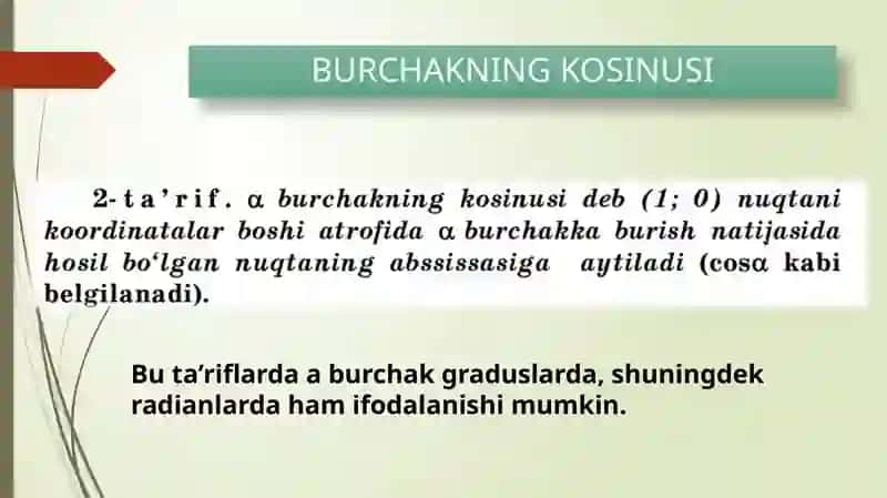 Burchak sinusi, kosinusi, tangensi va kotangensi ta'riflari 4