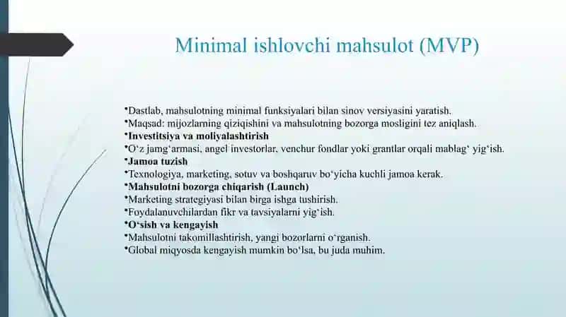STARTUP LOYIHALAR QURISH VA UNING KELAJAGI 4