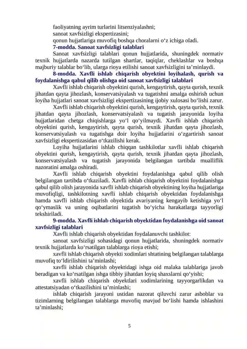XAVFLI ISHLAB CHIQARISH OB'EKTLARINI SANOAT XAVFSIZLIGI TO'G'RISIDAGI QONUN BANDLARINI O'RGANISH 4