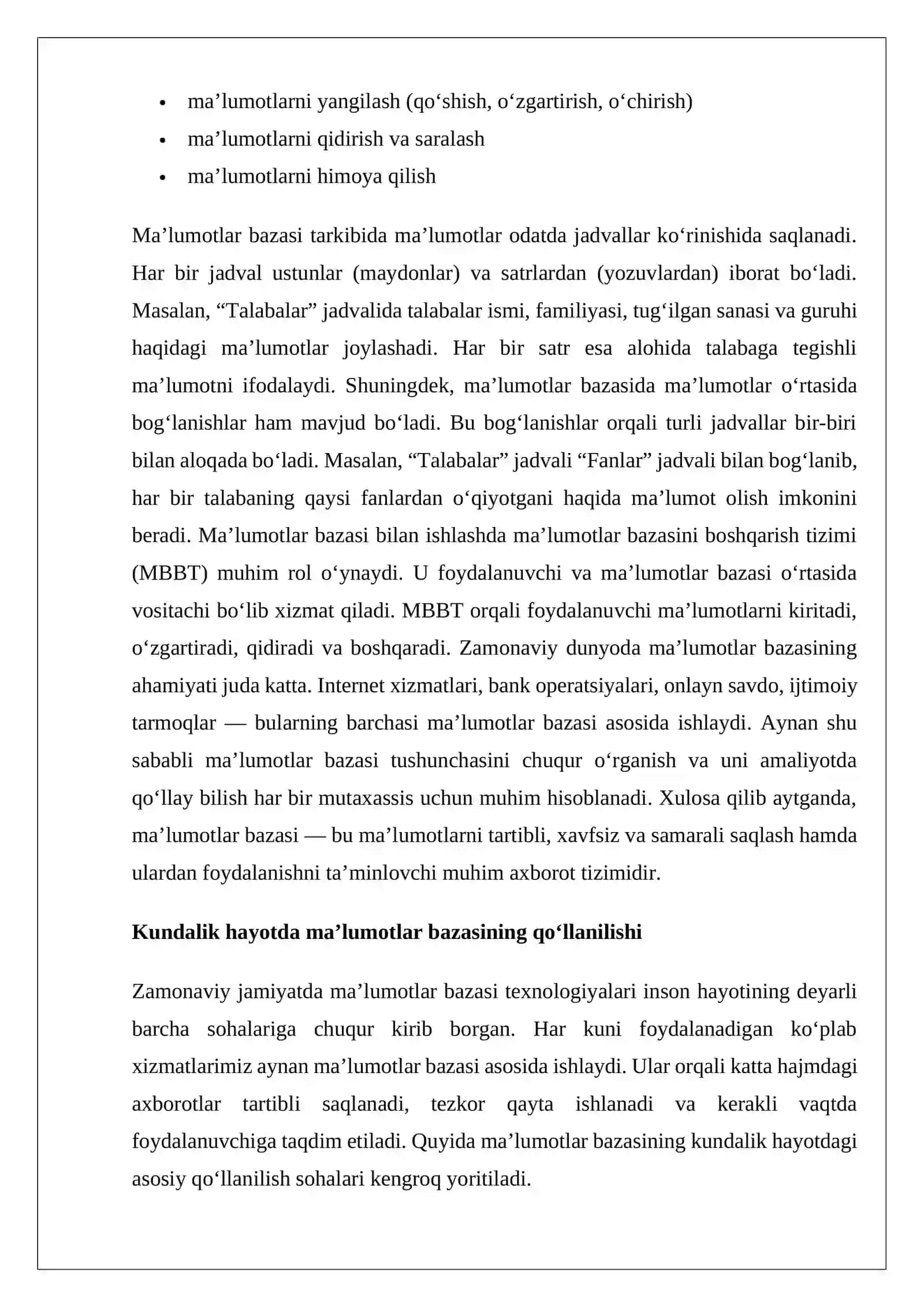 Ma’lumotlar bazasining kundalik hayotda qo‘llaniladigan misollar 4