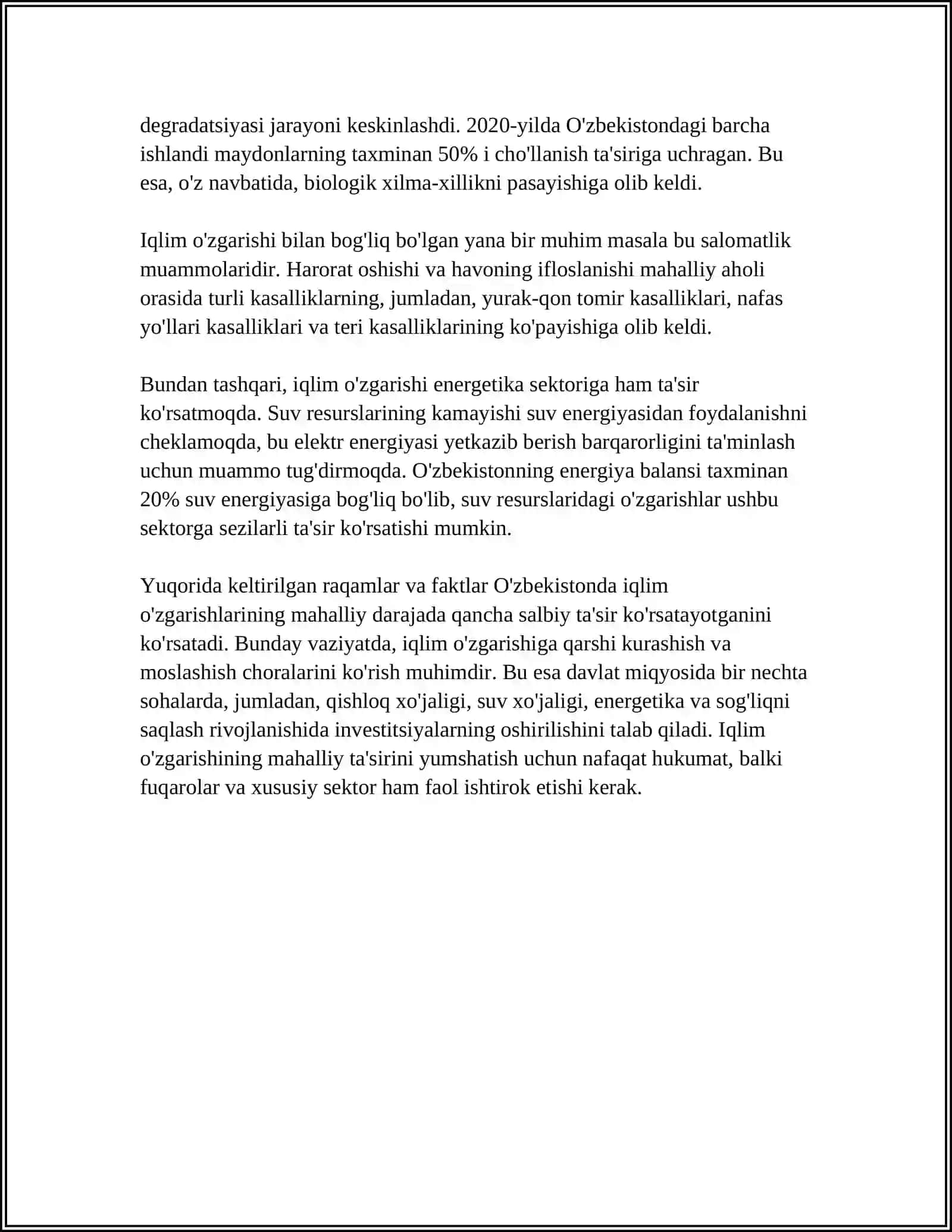 IQLIM O'ZGARISHLARI OQIBATLARIGA MOSLASHISH VA TABIIY RESURSLARDAN OQILONA FOYDALANISH YO‘LLARI 4