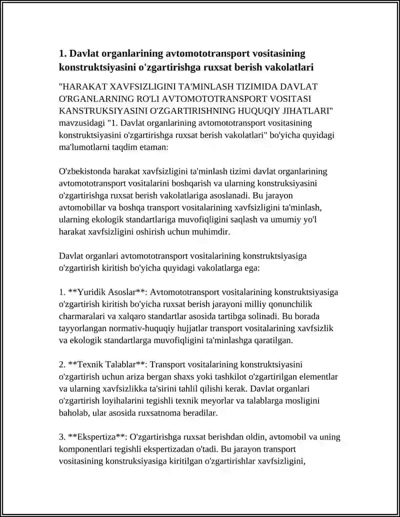 HARAKAT XAVFSIZLIGINI TA'MINLASH TIZIMIDA DAVLAT O'RGANLARNING RO'LI AVTOMOTOTRANSPORT VOSITASI KANSTRUKSIYASINI O'ZGARTIRISHNING HUQUQIY JIHATLARI 4