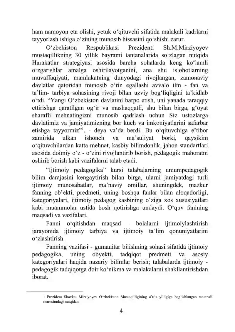 IJTIMOIY 
PEDAGOGIKA 
Maktabgacha ta’lim yo‘nalishi talabalari uchun 4