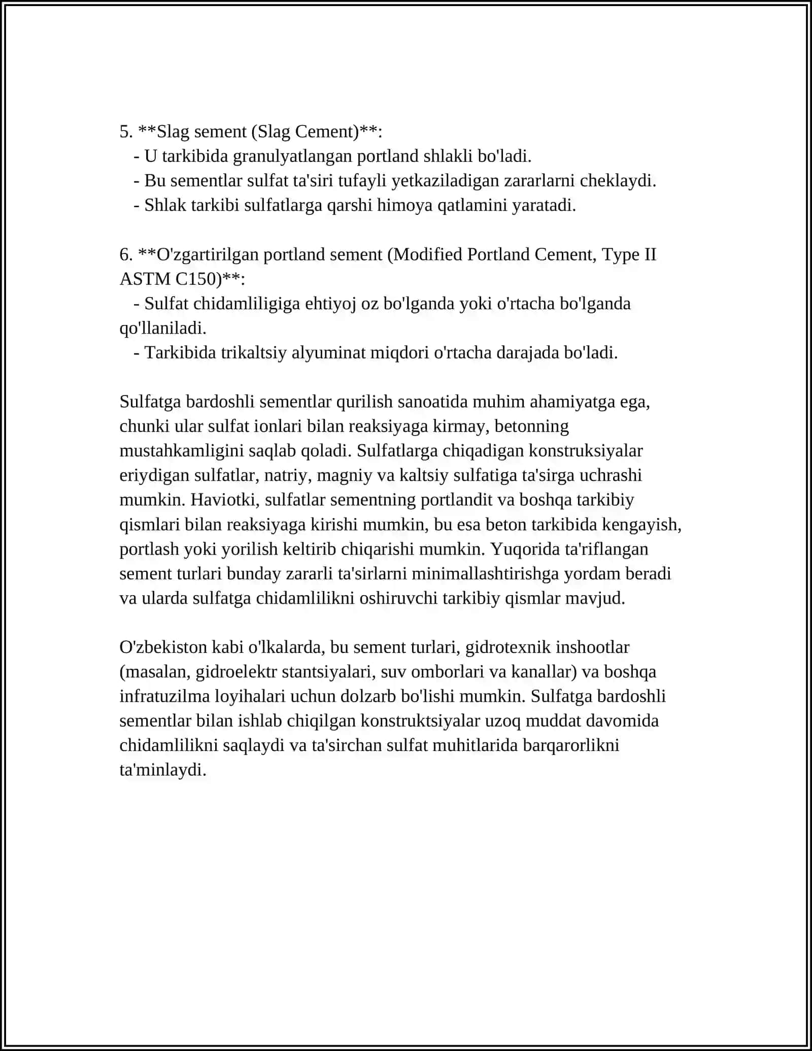 Sulfatga bardosh sementlarning turlari 4