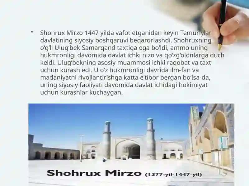 Taqdimot  Mavzu: 1447-1456 yillarda temuriylar davlatining siyosiy ahvoli 4