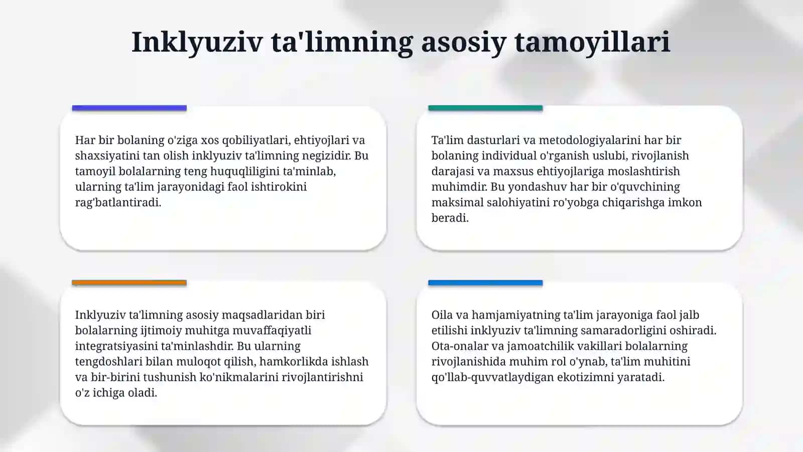 Inklyuziv talimda bolalarni rivojlantirish omillari 4