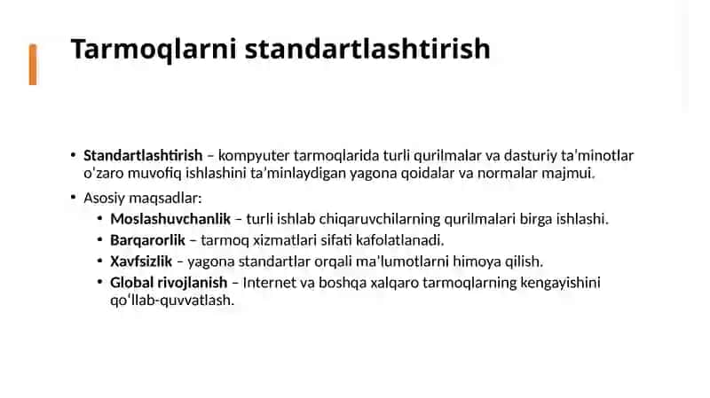 Tarmoqlarni standartlashtirish va tasniflash. Kompyuter tarmoqlarini tasniflash (klassifikatsiyalash). Tarmoq topologiyalari. Tarmoq xususiyatlari va xizmat ko‘rsatish sifati. 4