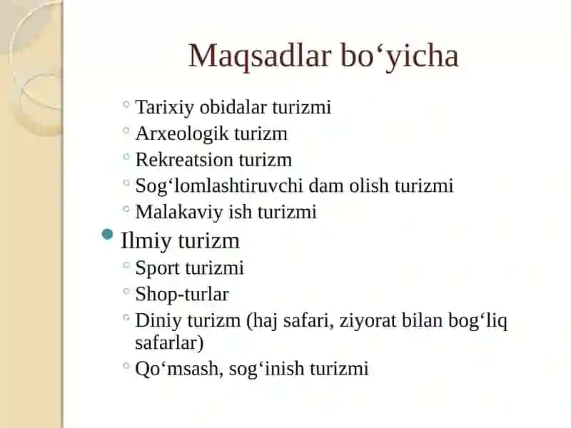 TURIZM SOHASINING TASNIFLANISHI VA TURLARI 4