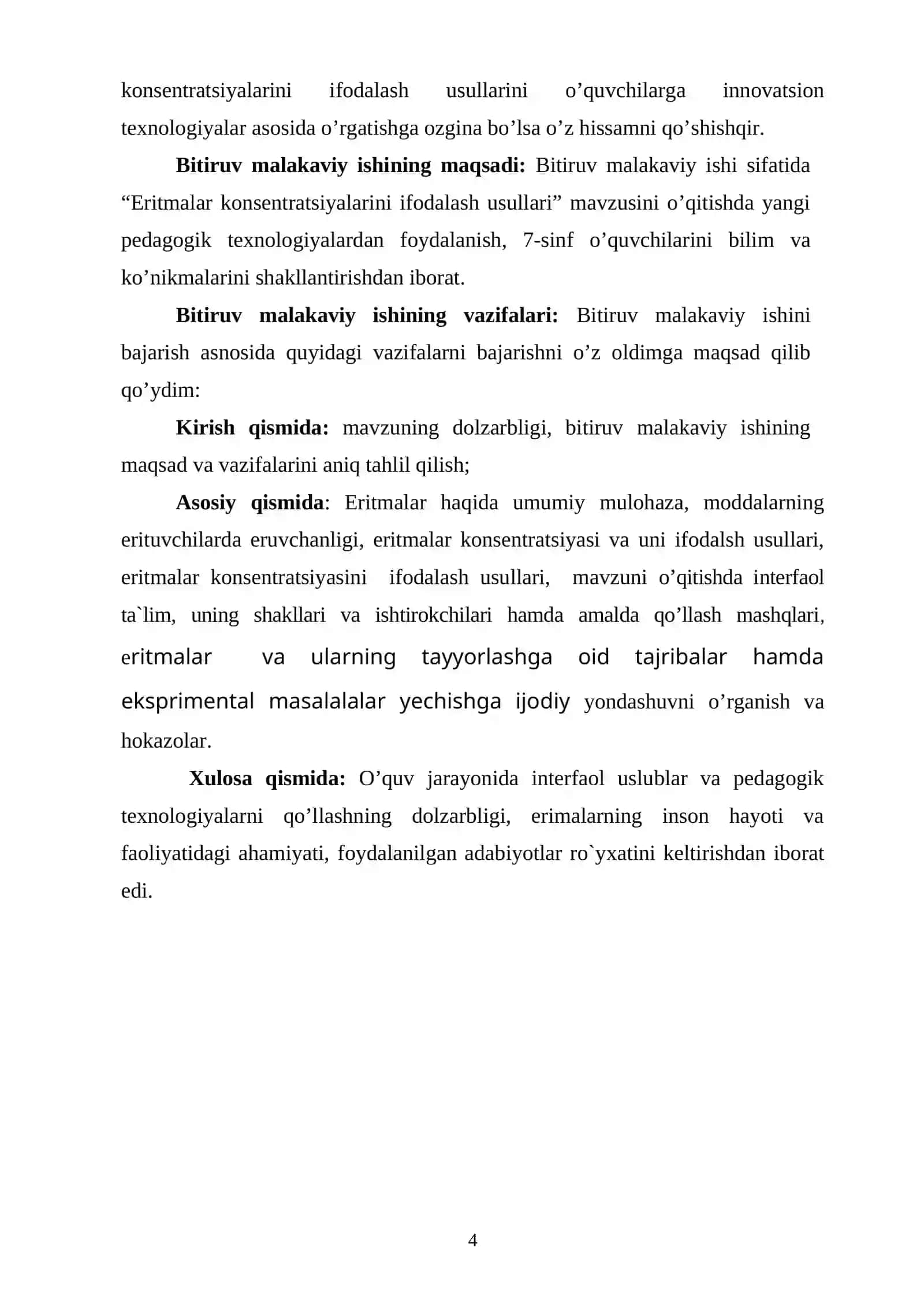 "Eritmalarning konsentratsiyalarini ifodalash usullari" malakaviy ishi 4