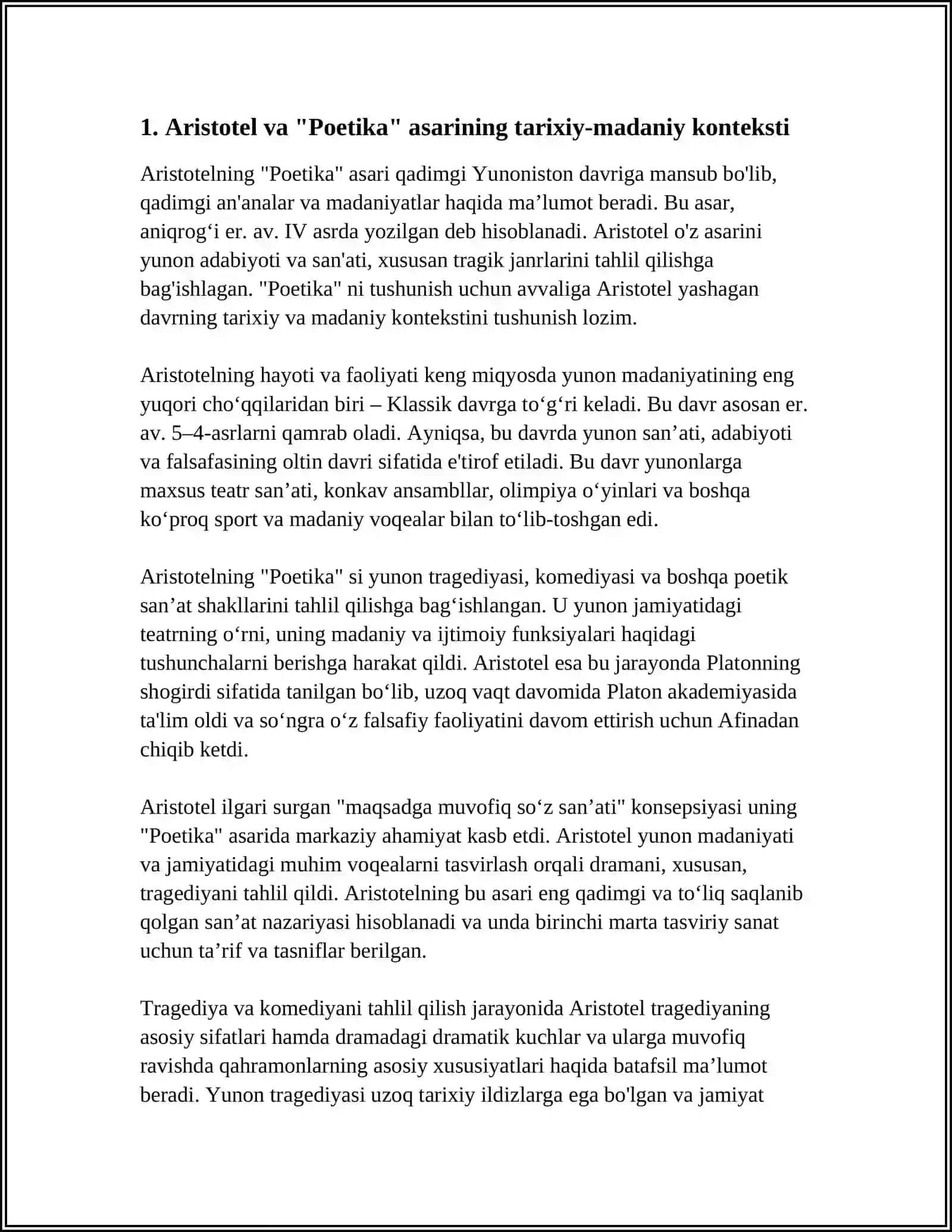 ARISTOTELNING "POETIKA" ASARINI OʻRGANISH, SHARHINI YOZING 4
