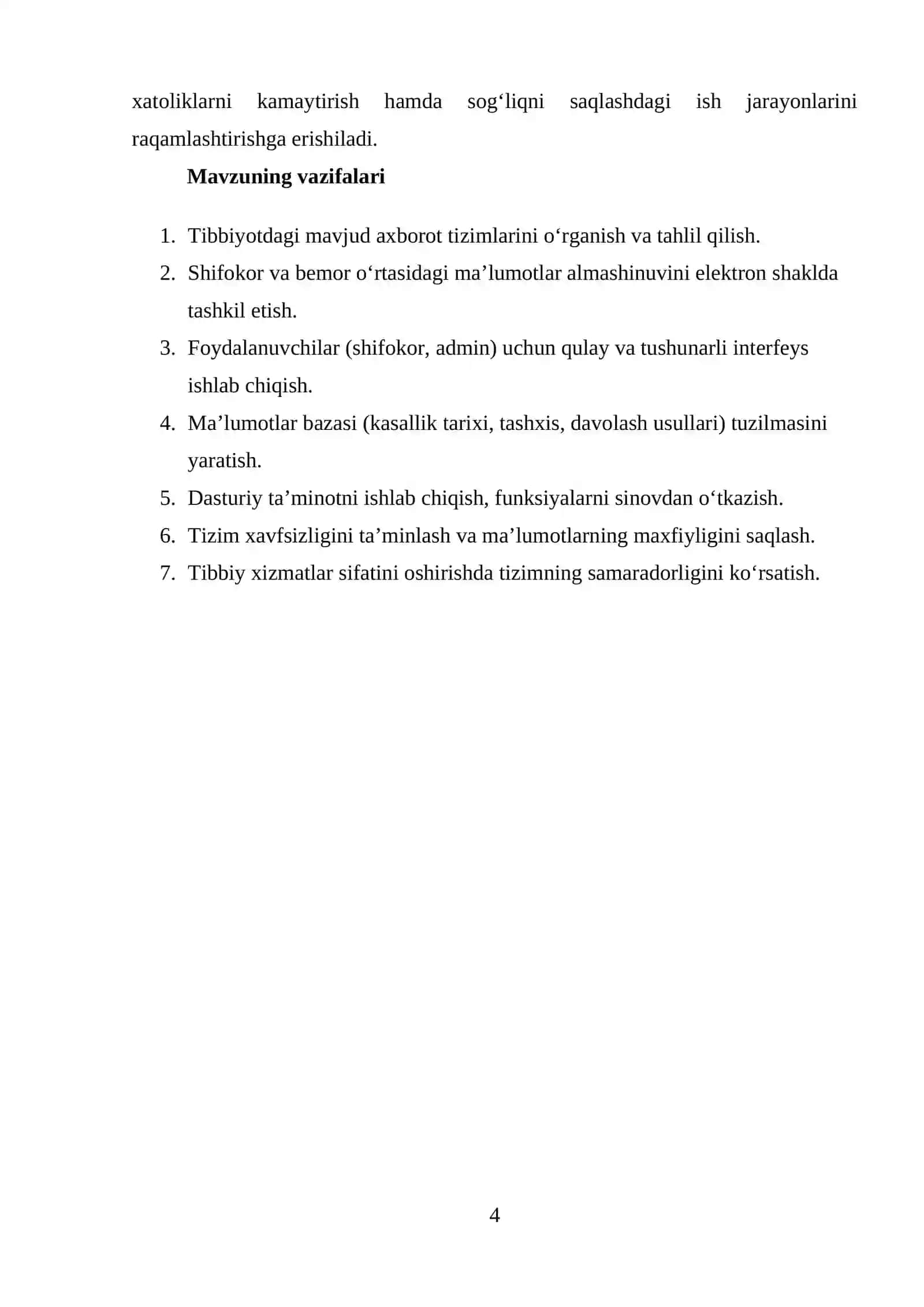 SHIFOKOR-KASALLIK TARIXI AVTOMATLASHTIRILGAN AXBOROT TIZIMINI LOYIHALASH 4