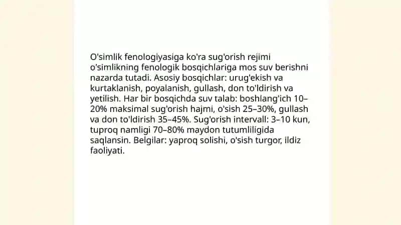 Ekinlarning suv talabini aniqlash va sug'orish rejimi 4