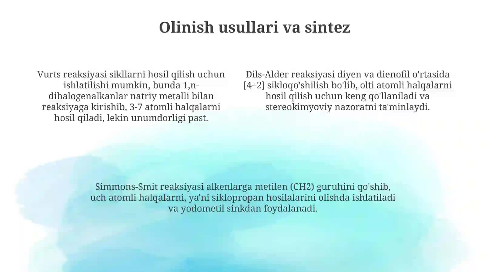 Karbosiklik toʻyingan va toʻyinmagan uglevodorodlarning olinishi va xossalari 4