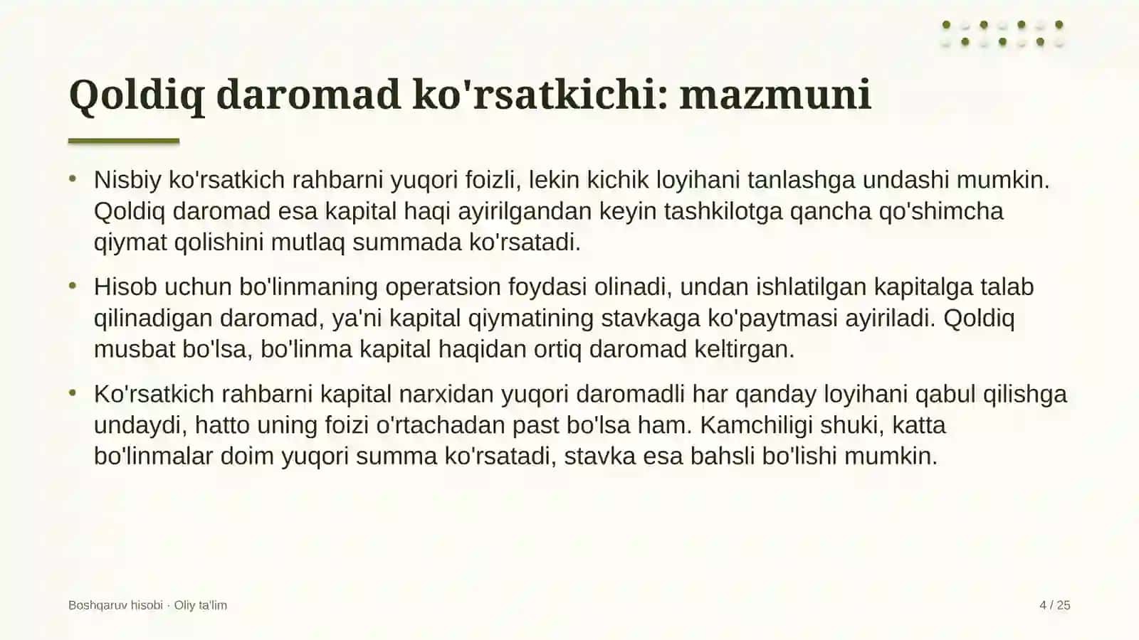 dasturiy ta'minot ishlab chiqish kompaniyalarida qoldiq daromad ko'rsatkichidan foydalanish 8629 4