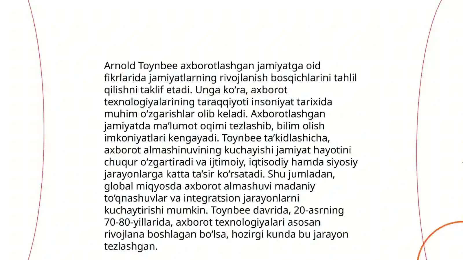Axborotlashgan jamiyat va uning istiqbollari. A. Toynbi, E.Toffler asarlarining qiyosiy tasnifi 4