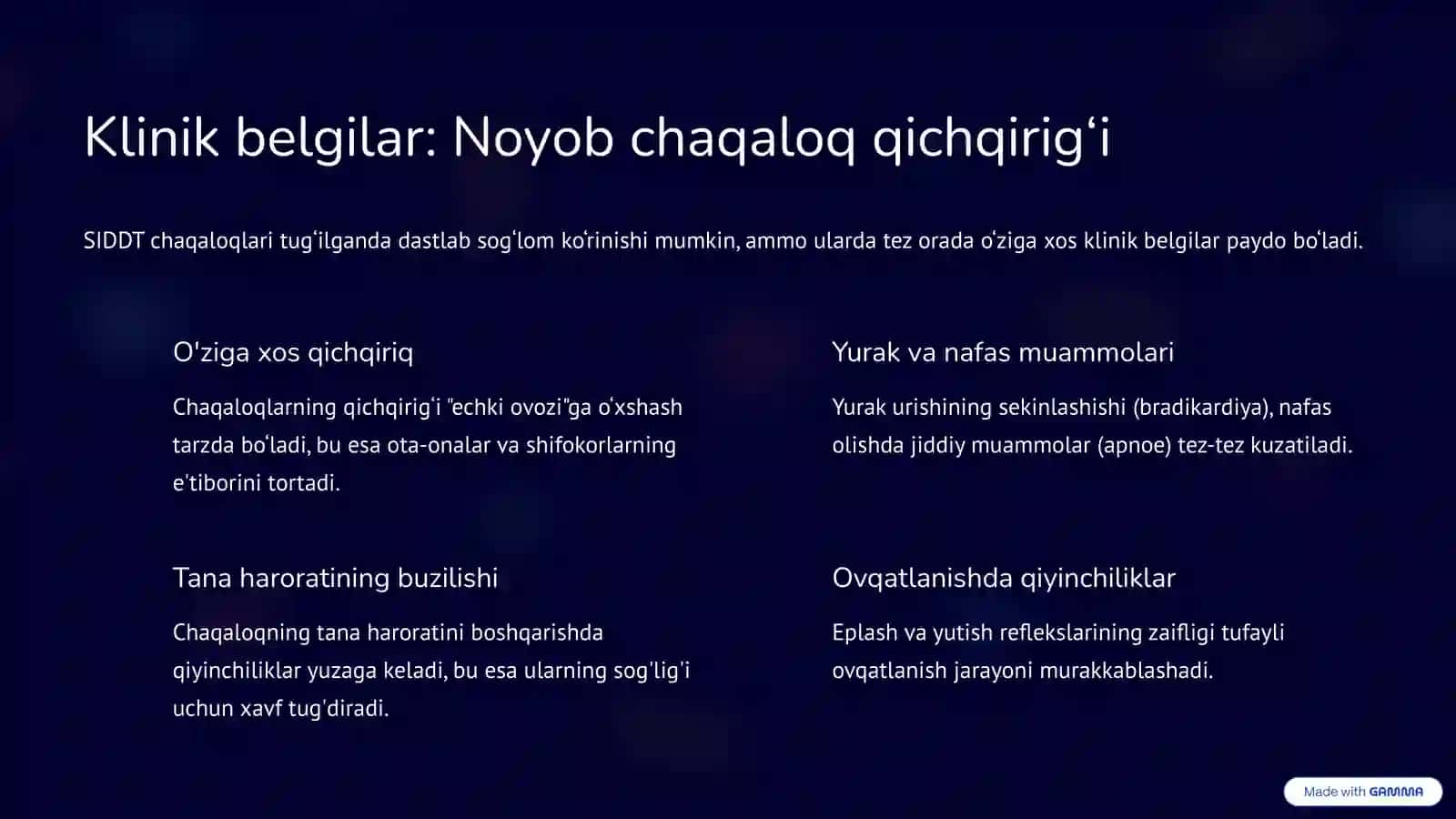Tosatdan bolalar o'limi sindromi (SIDDT). Noyob va halokatli kasallik 4