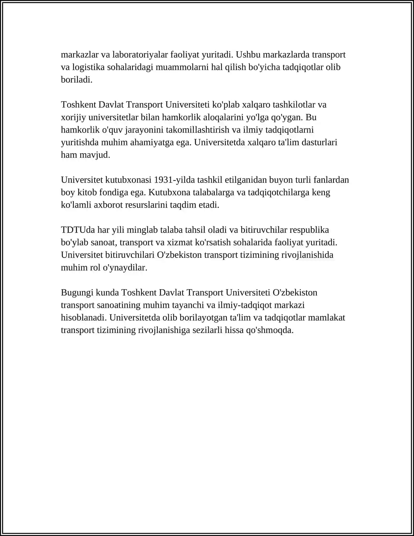 MUSTAQIL ISH Mavzu: TOSHKENT DAVLAT TRANSPORT UNIVERSITETI 4