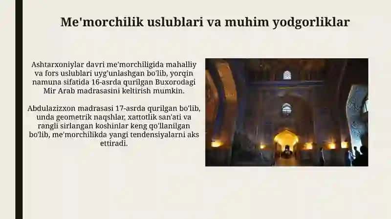 Ashtarxoniylar davrida binokorlik va ta'lim 4