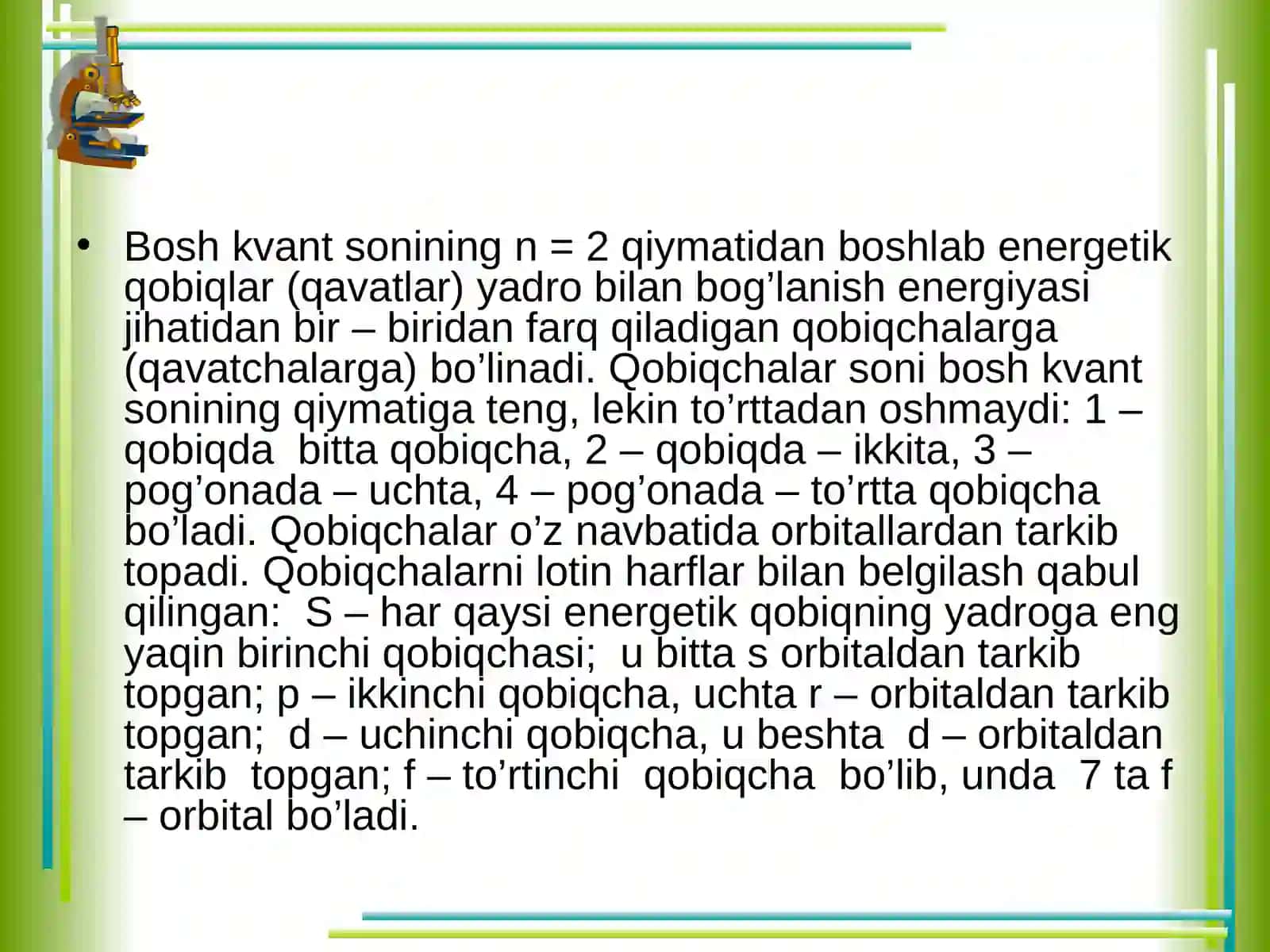 Atom elektron qobiqlarning tuzilishi. Kvant sonlar 4