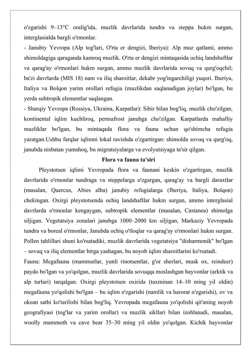 Yevropaning pleystotsen davri iqlimi tezis 4