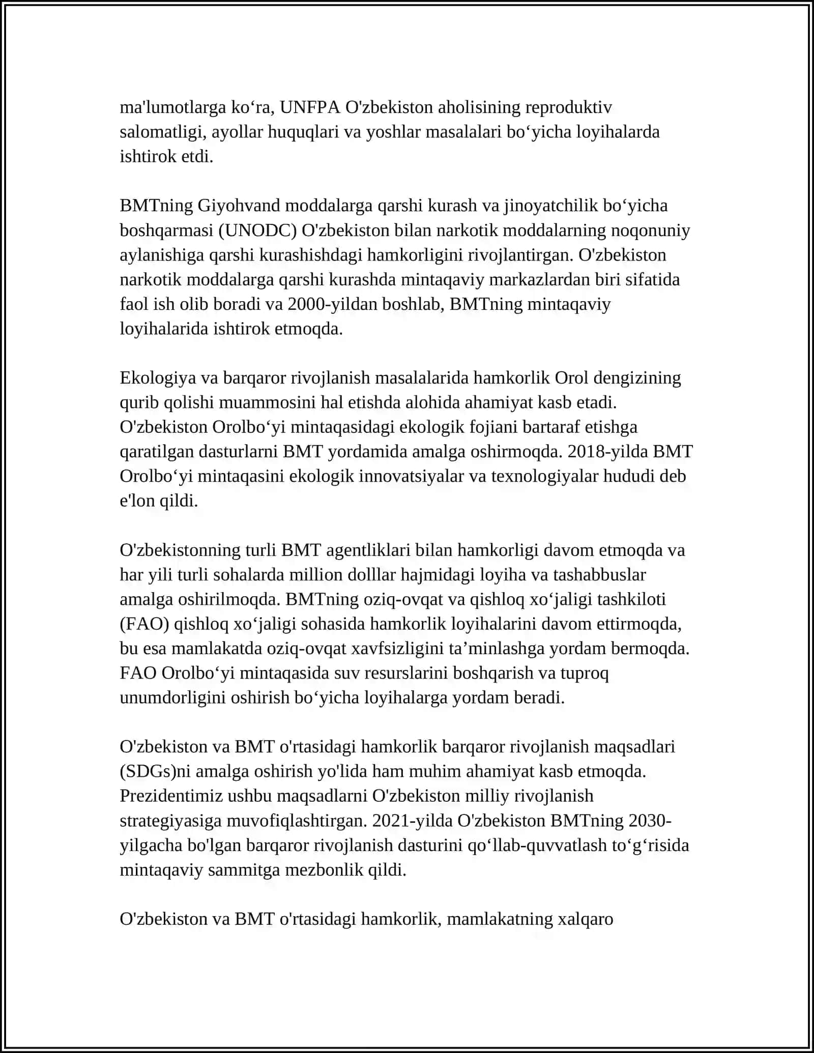 O'ZBEKISTONNING XALQORA TASHKILOTLAR BILAN HAMKORLIK ALOQALARI 4