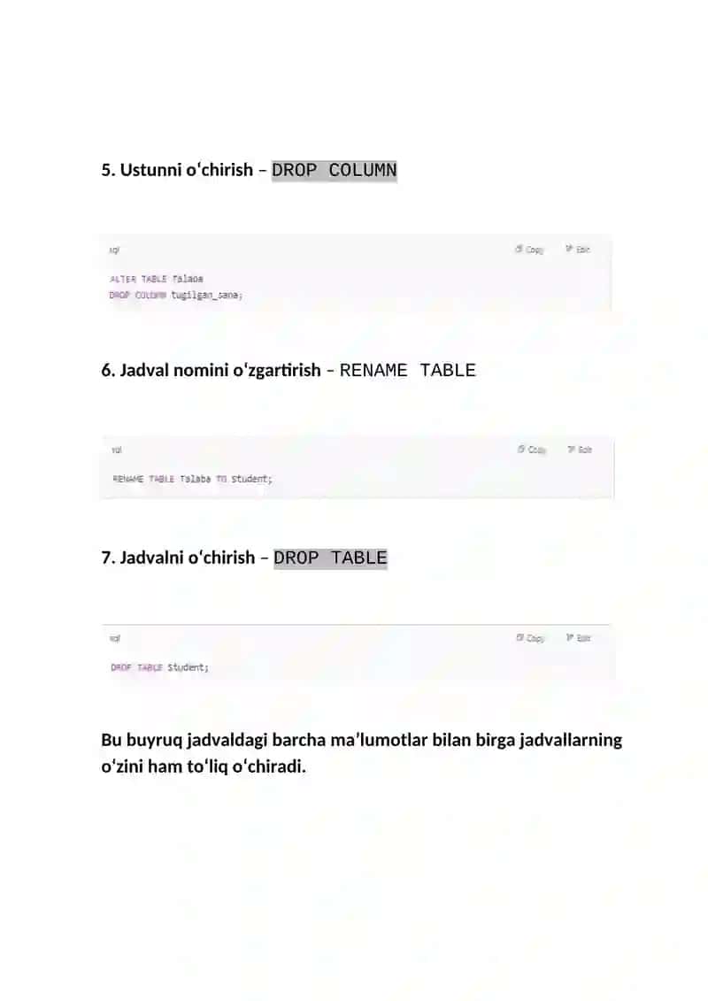 SQL Tilida Jadvallarni Yaratish, O'zgartirish va O'chirish 4