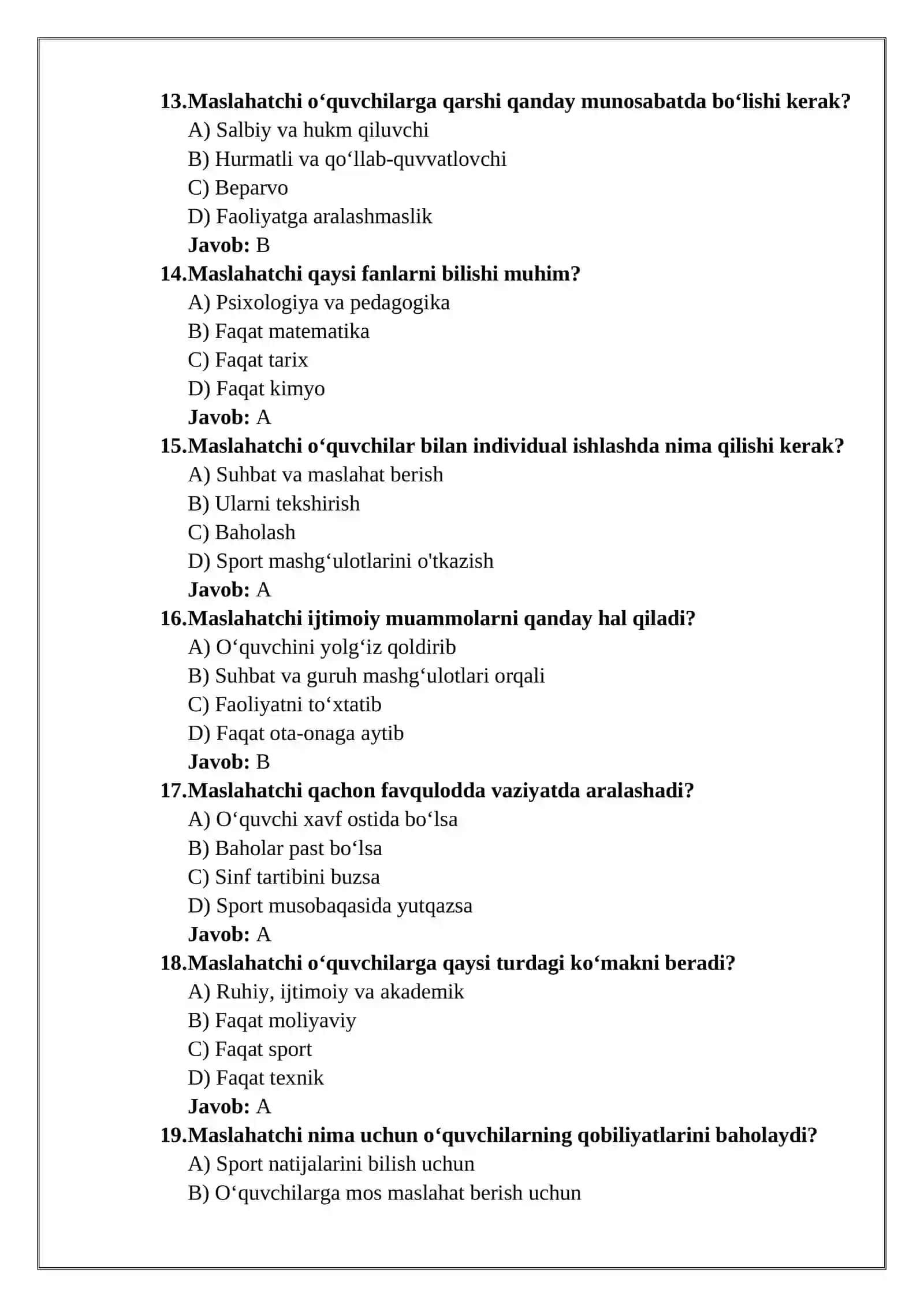 MAKTAB MASLAHATCHISI LAVOZIMI UCHUN TEST SAVOLLARI JAVOBLARI BILAN 4