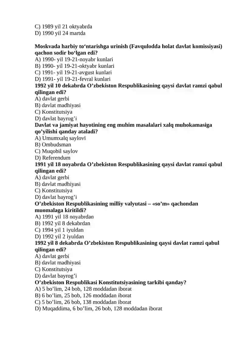 O‘zbekistonning eng yangi tarixi fanidan yakuniy nazorat test savollari (200 ta) 4