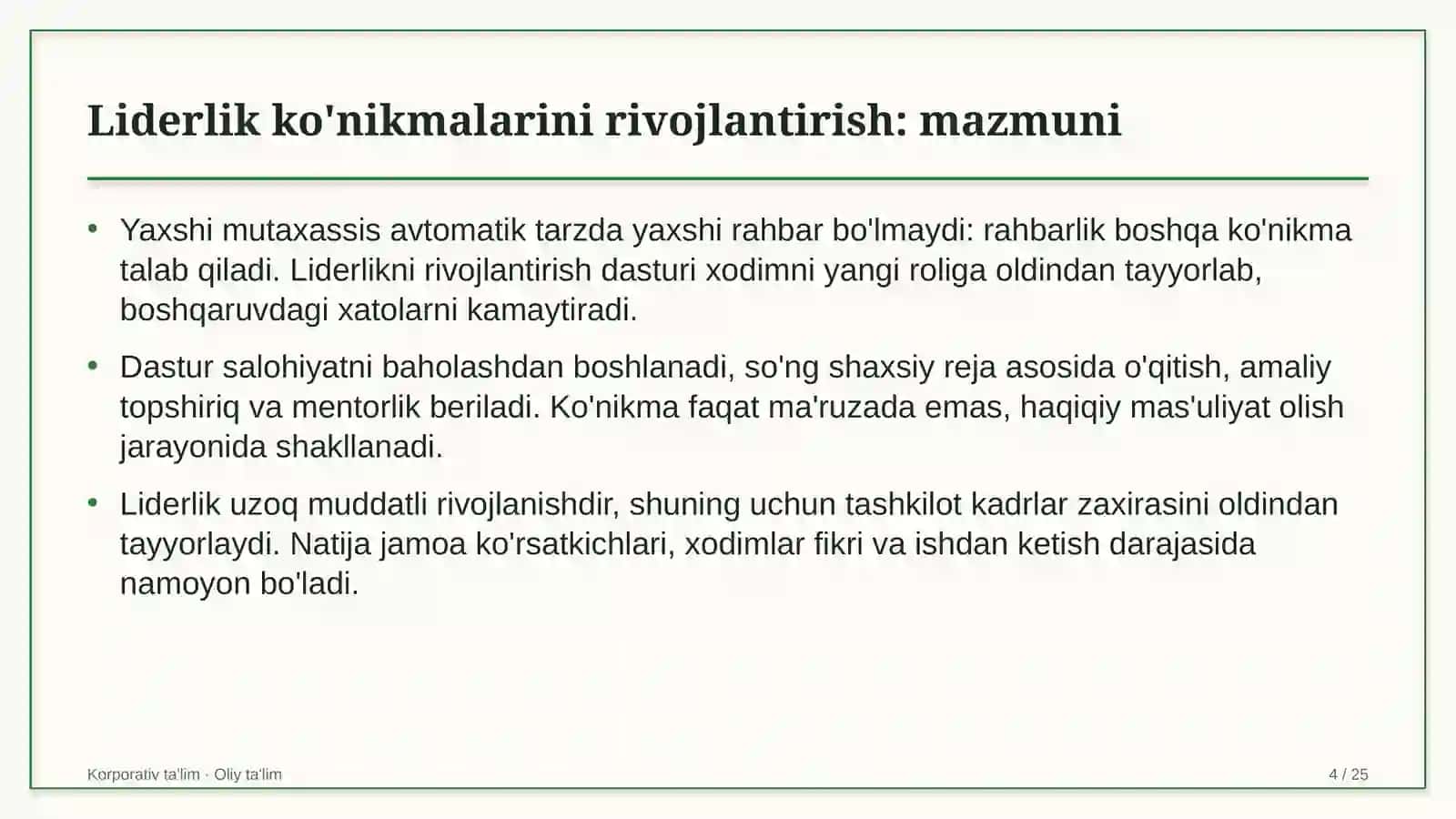 Buyurtmaxonalarda liderlik ko'nikmalarini rivojlantirish 4