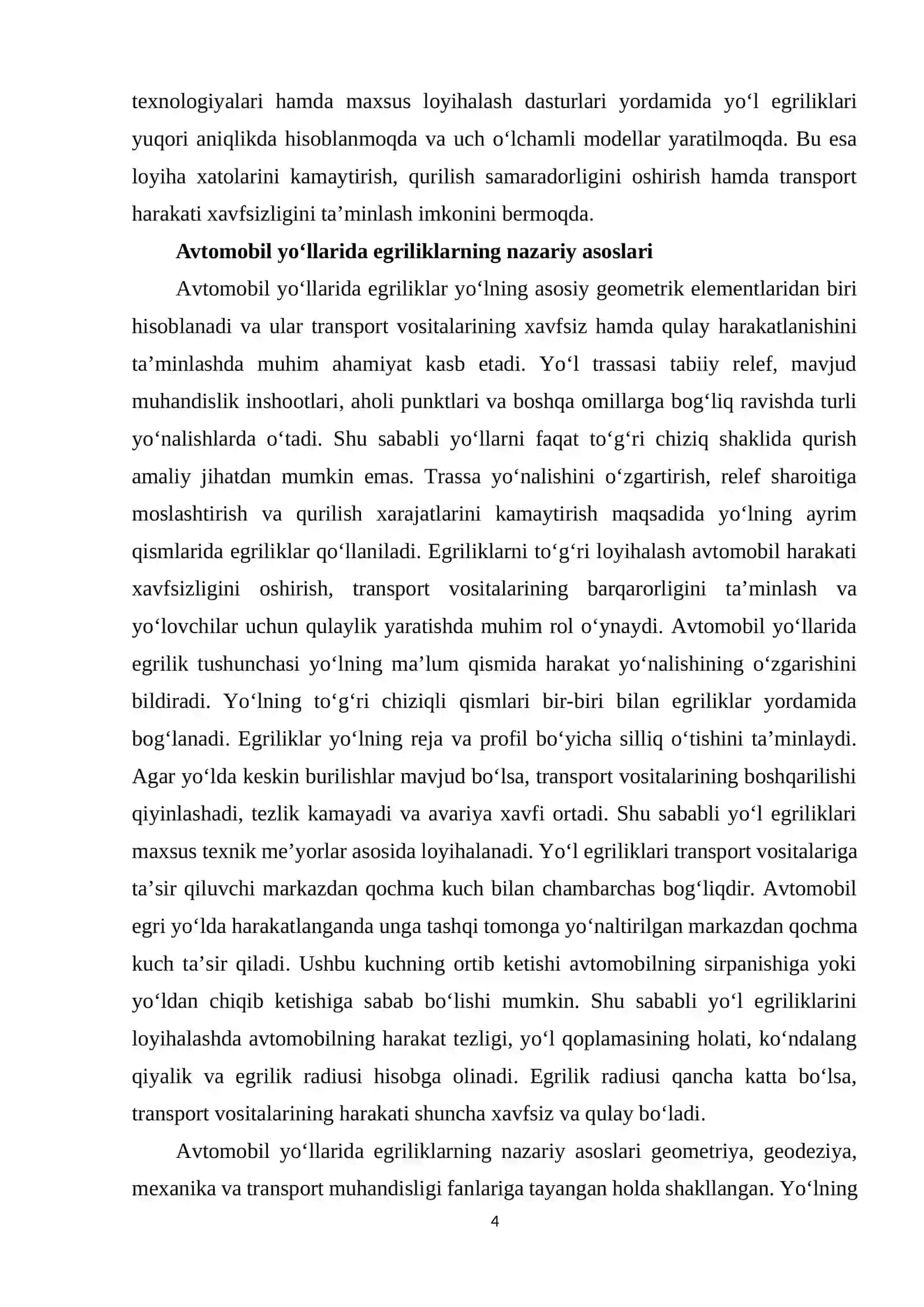 Avtomobil yo‘l egriliklari va ularni turlari. 4