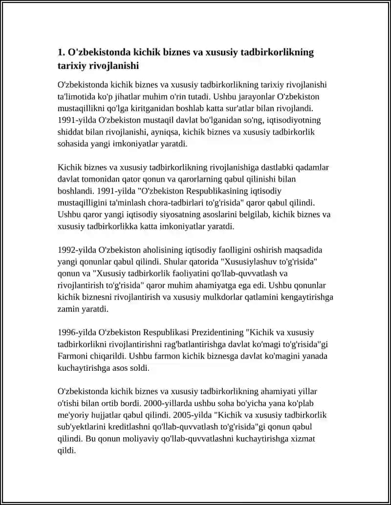 O'ZBEKISTONDA KICHIK BIZNES VA XUSUSIY TADBIRKORLIKNING SHAKLLANTIRIKISHI VA UNING O'ZIGA XOSLIGI 4