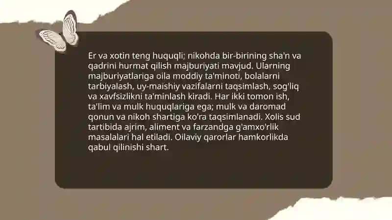 Oila ma'suliyati sha'ni qadri va nikoh tuzish tartibi va shartlari 4