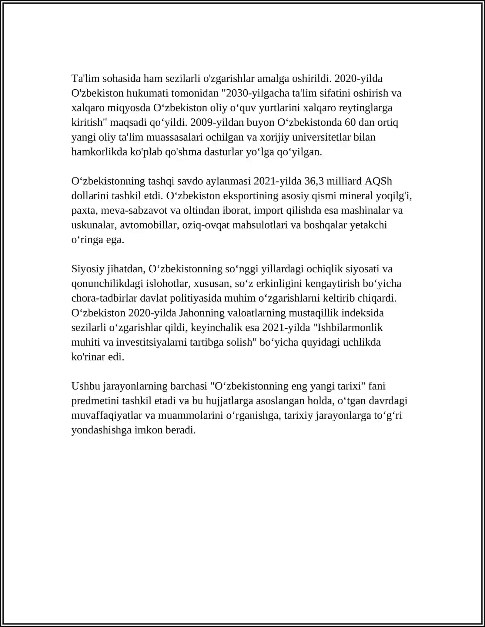 "O‘zbekistonning eng yangi tarixi" fani predmeti 4