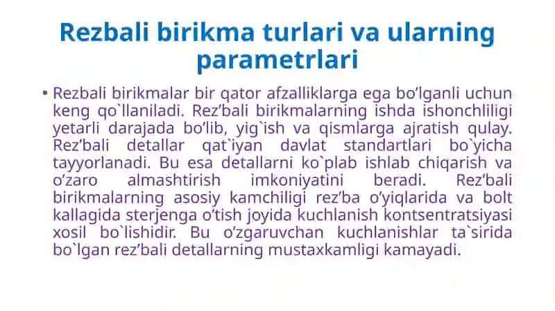 Rezbali birikma turlari va ularning parametrlari 4