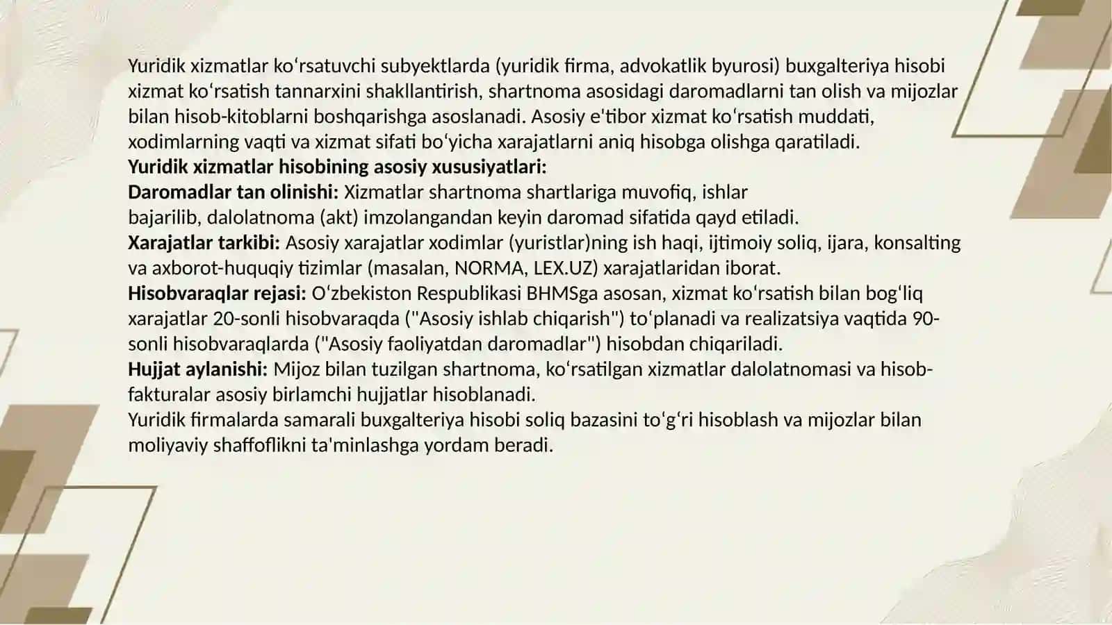 Yuridik xizmat koʻrsatuvchi subyektlarda buxgalteriya hisobi 4