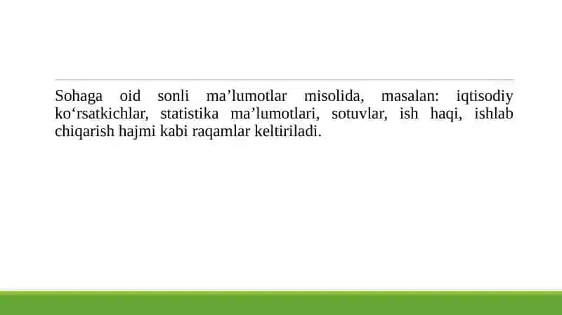 Ms Excel dasturida sohaga oid sonli malumotlar bilan ishlash.Exel dasturida tahrirlash,formatlash 4