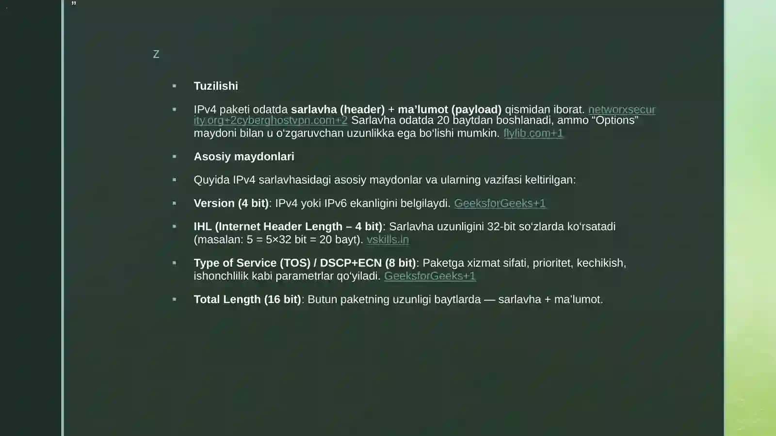 TCP/IP store protokollarining ma’lumotlar birliklar, IP-paket vauning tuzilishi 4