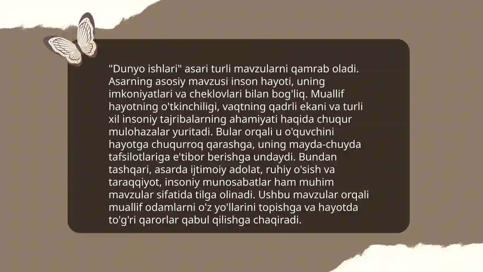 Otkir Hoshimovning Dunyo ishlari povesti tahlili 4