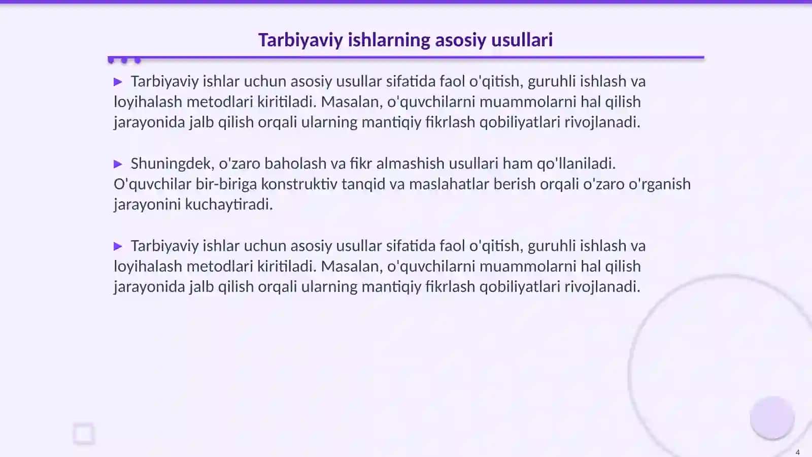 Tarbiyaviy ishlarning mazmuni va usullarini amalyotda qo'lash 4