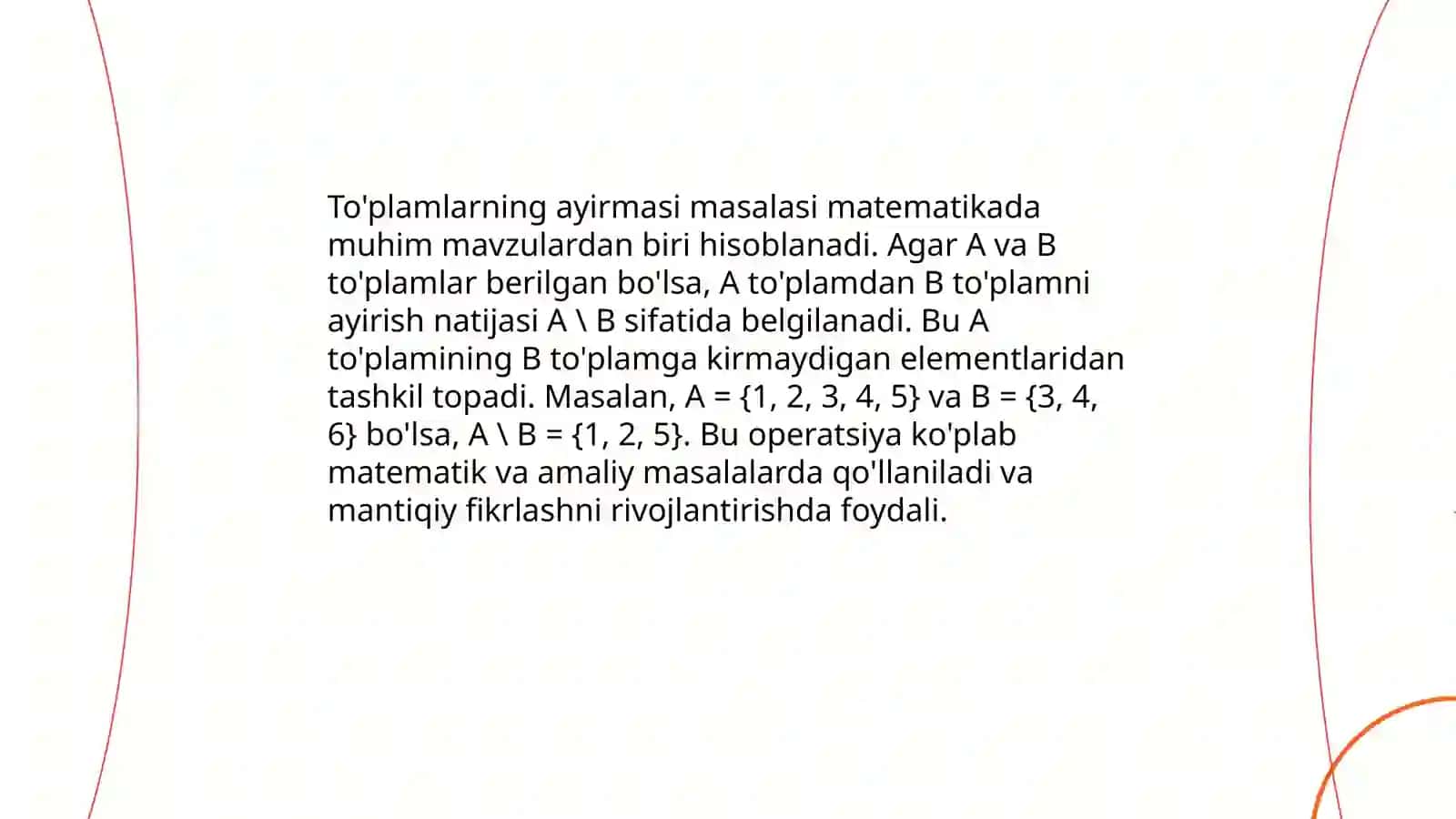 To'plamlarning birlashmasi, ayirmasi va kesishmasi 4