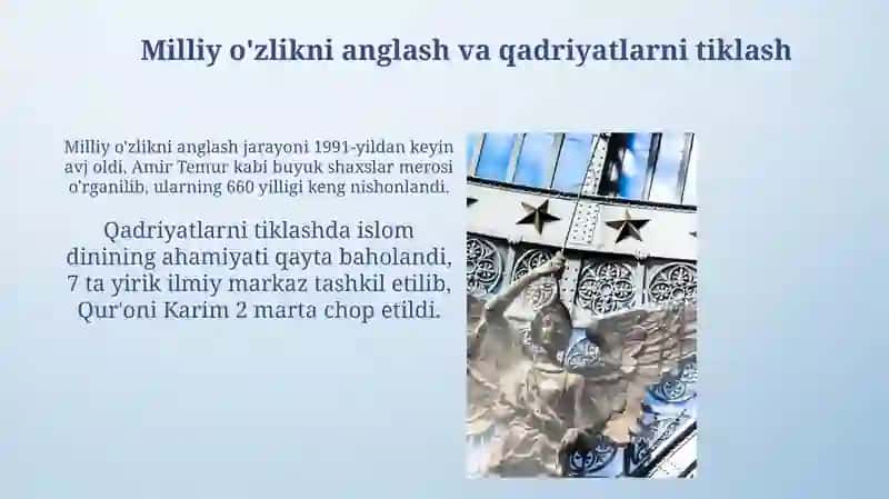 Mustaqillik yillarida O'zbekistonda ma'naviy yuksalish 4