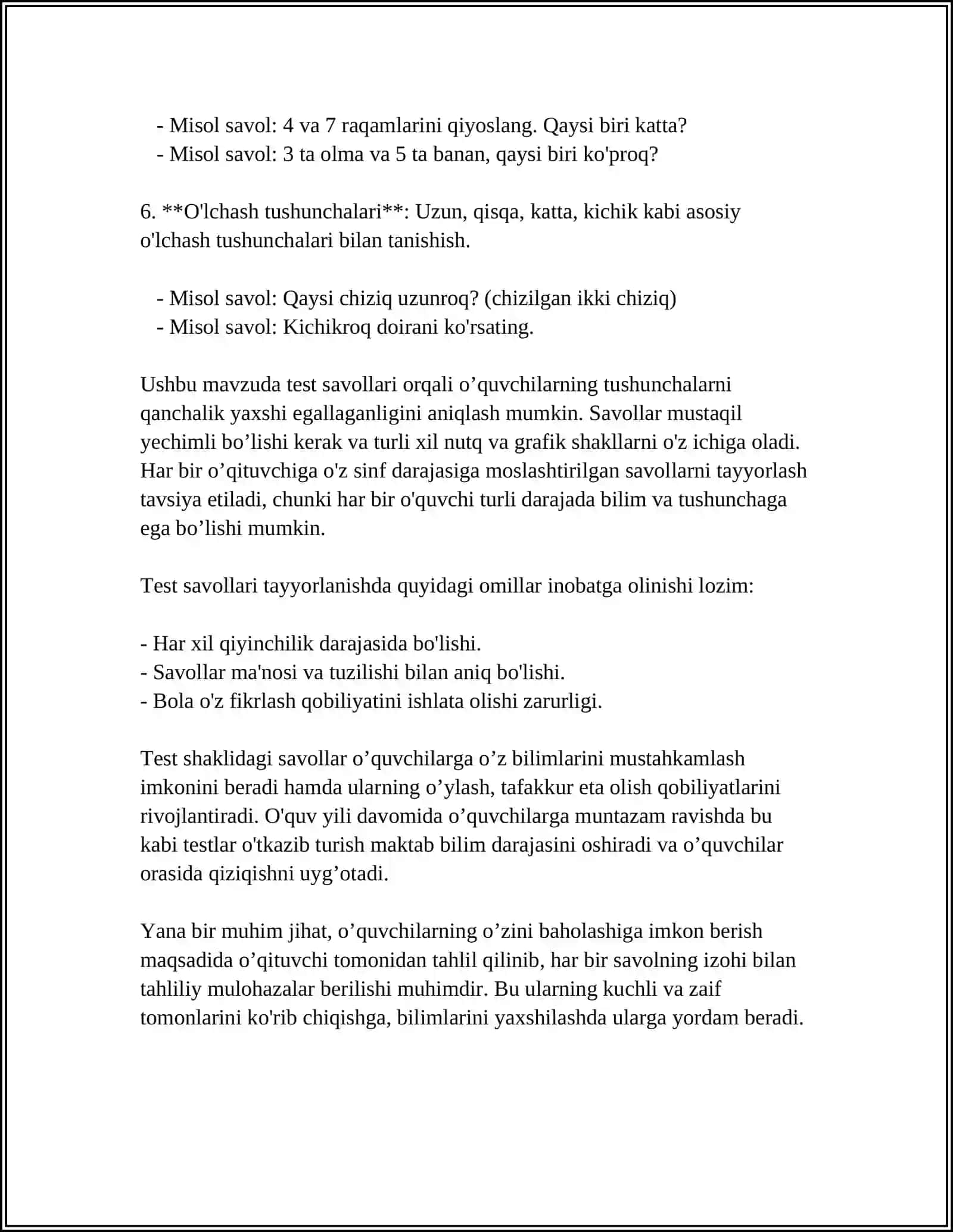 1-sinf matematika darslari uchun test savollari 4