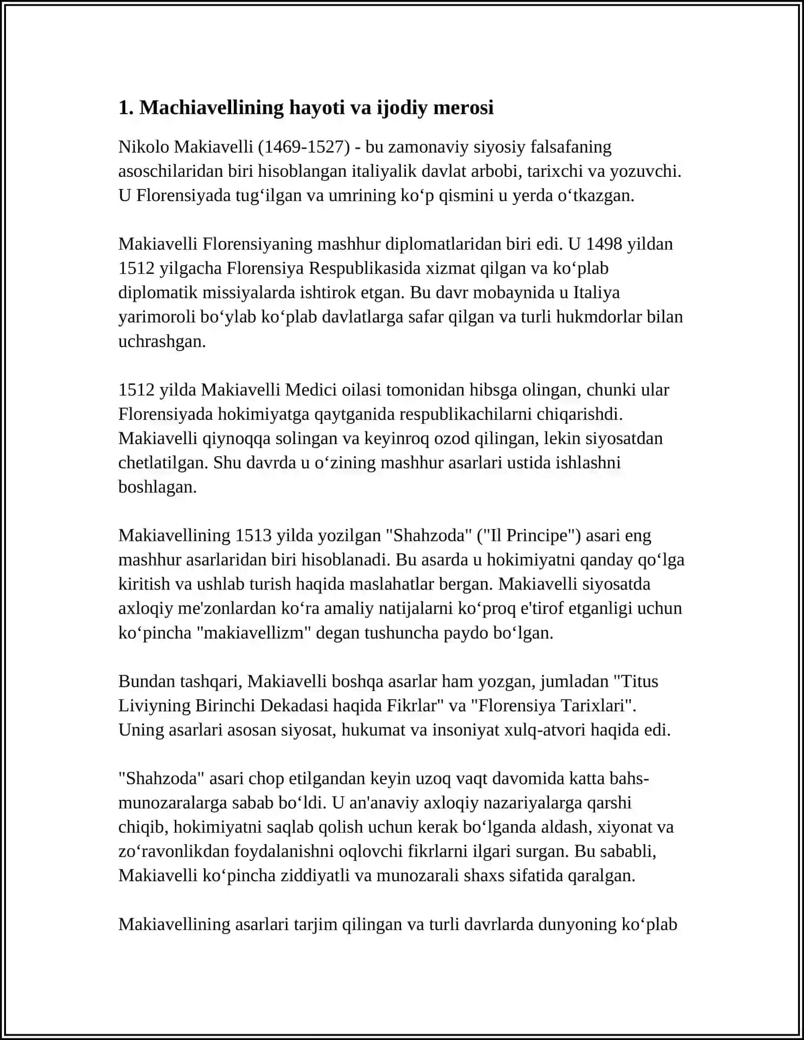 MAKIAVELLI NING "HUKUMDOR" ASARI BOʼYICHA MUSTAQIL ISH 4