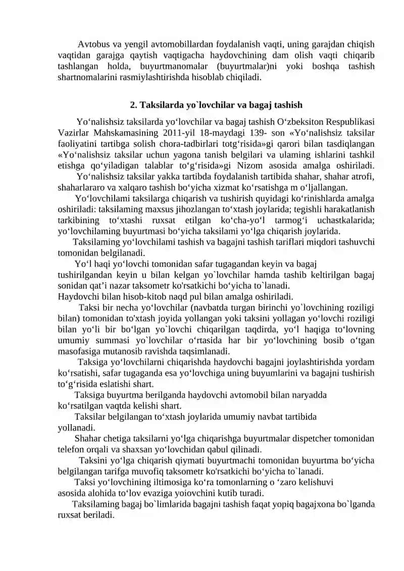 Taksilarda yo`lovchi tashish shartnomalari 4