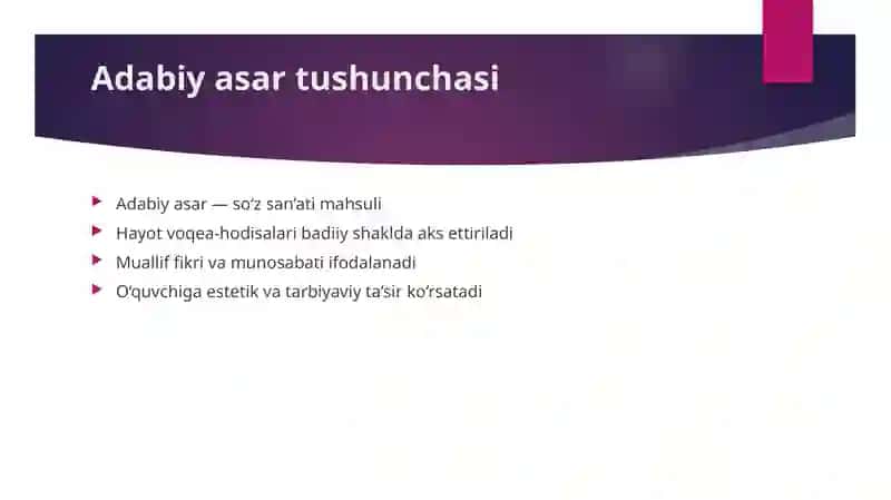 "Adabiy asar haqida" taqdimot (slayd) 4
